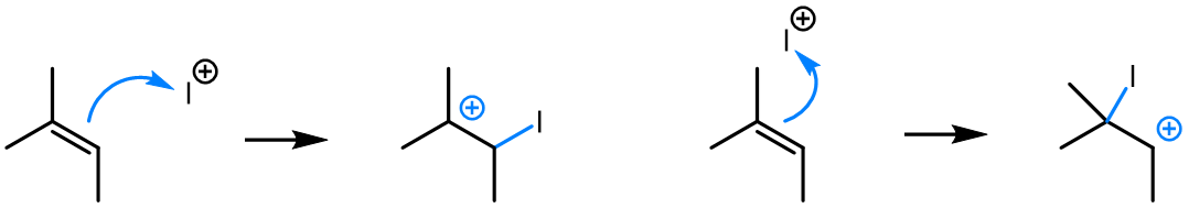 Showing which atom of double bond is forming new bond.